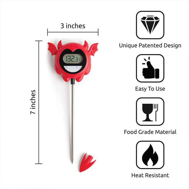 Red digital thermometer with features listed on a white background
