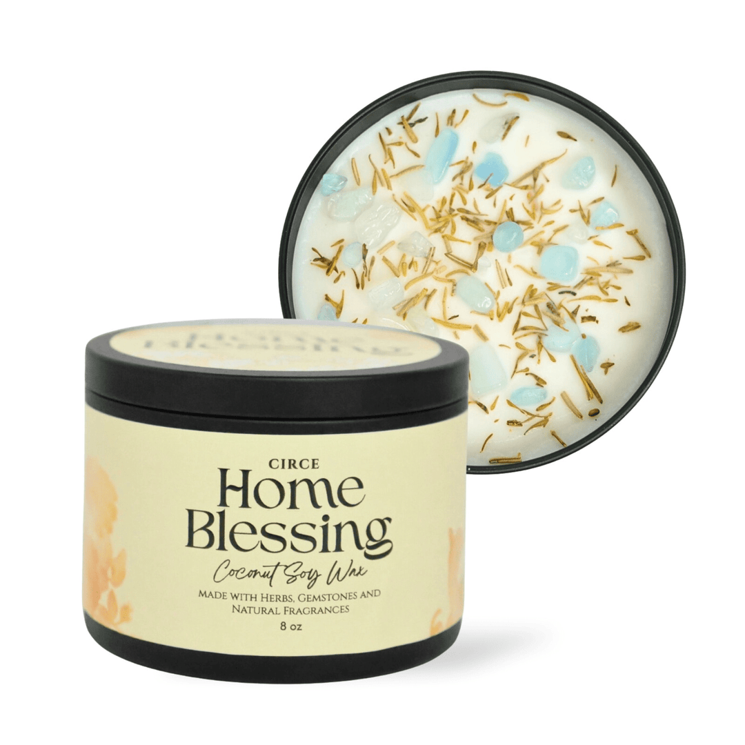 Circe Home Blessing coconut soy wax candle with decorative lid on a white background