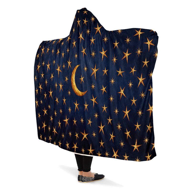 Gold Stars and Moon Hooded Blanket - The Pagan Grimoire
