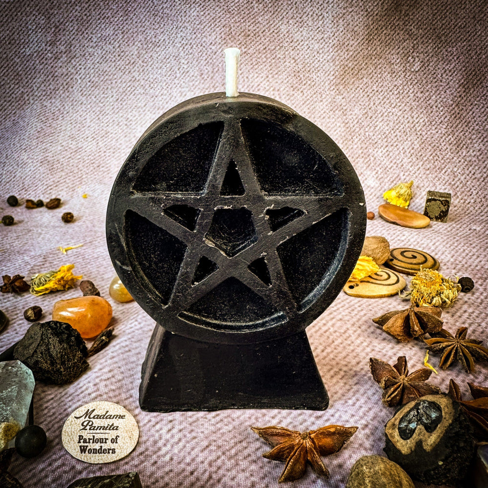 Beeswax Pentacle of Protection Spell Candle with black pentagram design and white wick.