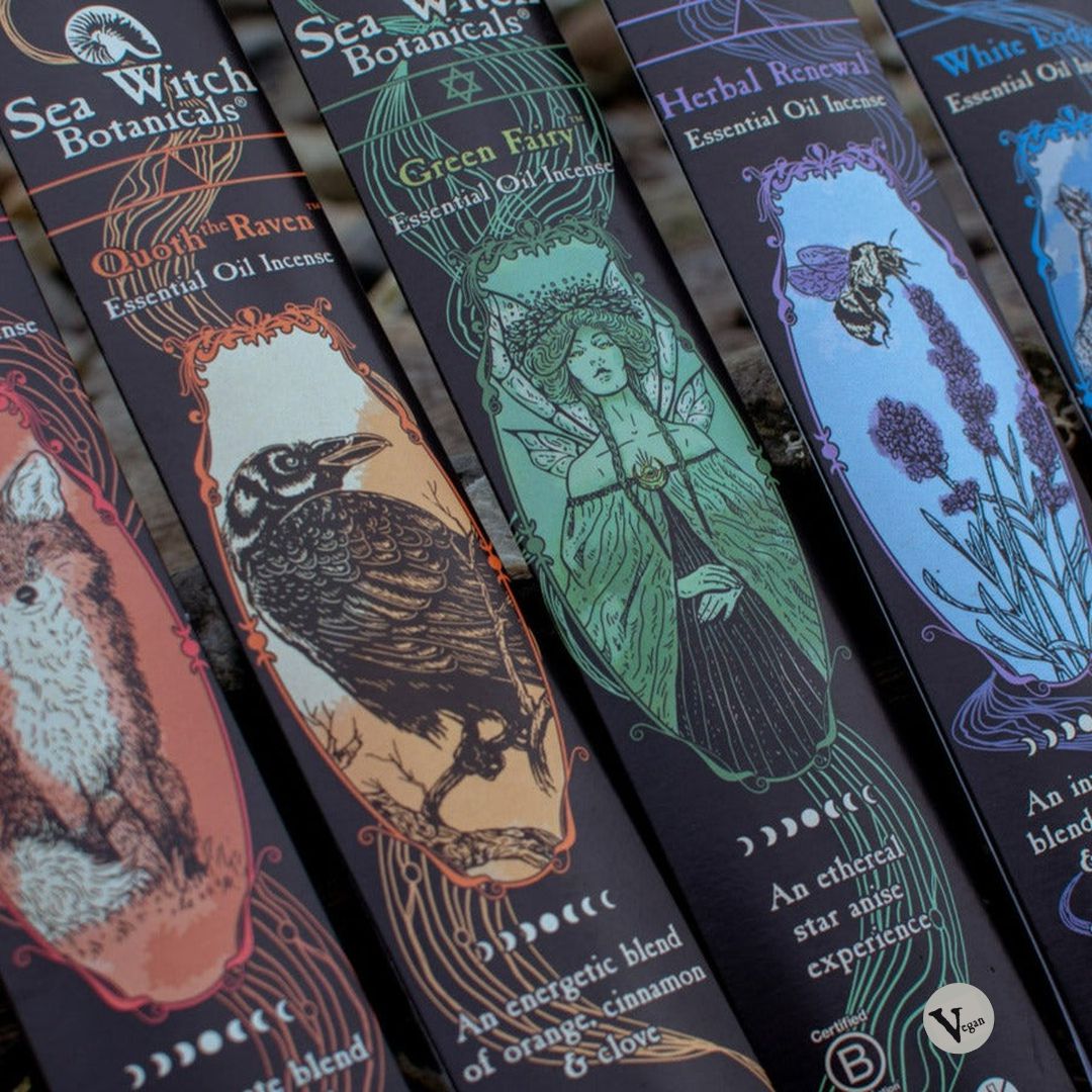 Incense Gift Set boxes with witch, fairy, and floral designs in blue, green, and purple.