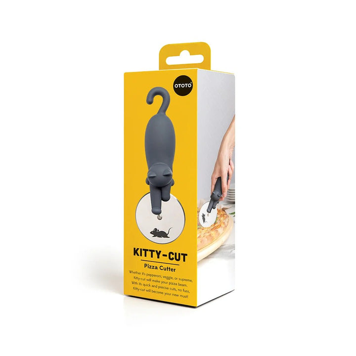 Kitty-Cut pizza cutter packaging with yellow background and cat illustration