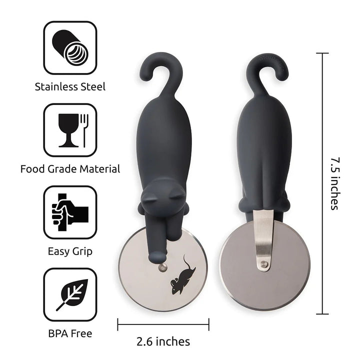 Two cat-shaped pizza cutters with features and dimensions on a white background