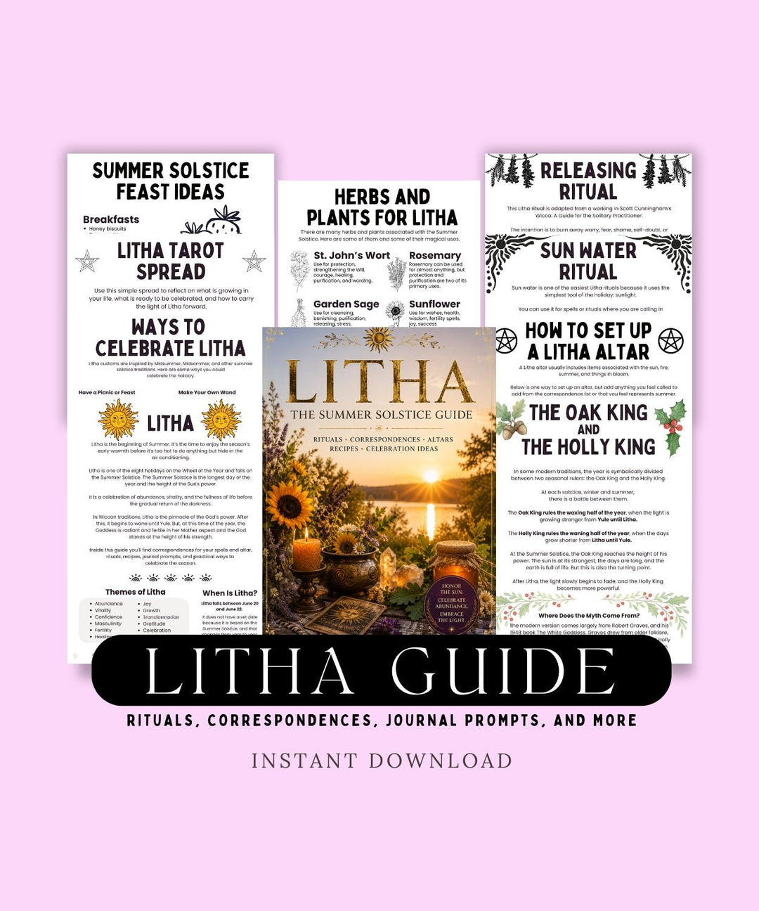 Litha guide with various rituals and practices on a purple background