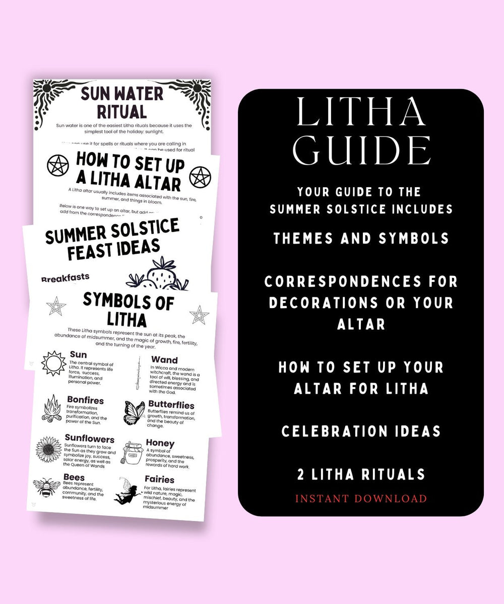 Two black and white Litha guides on a pink background