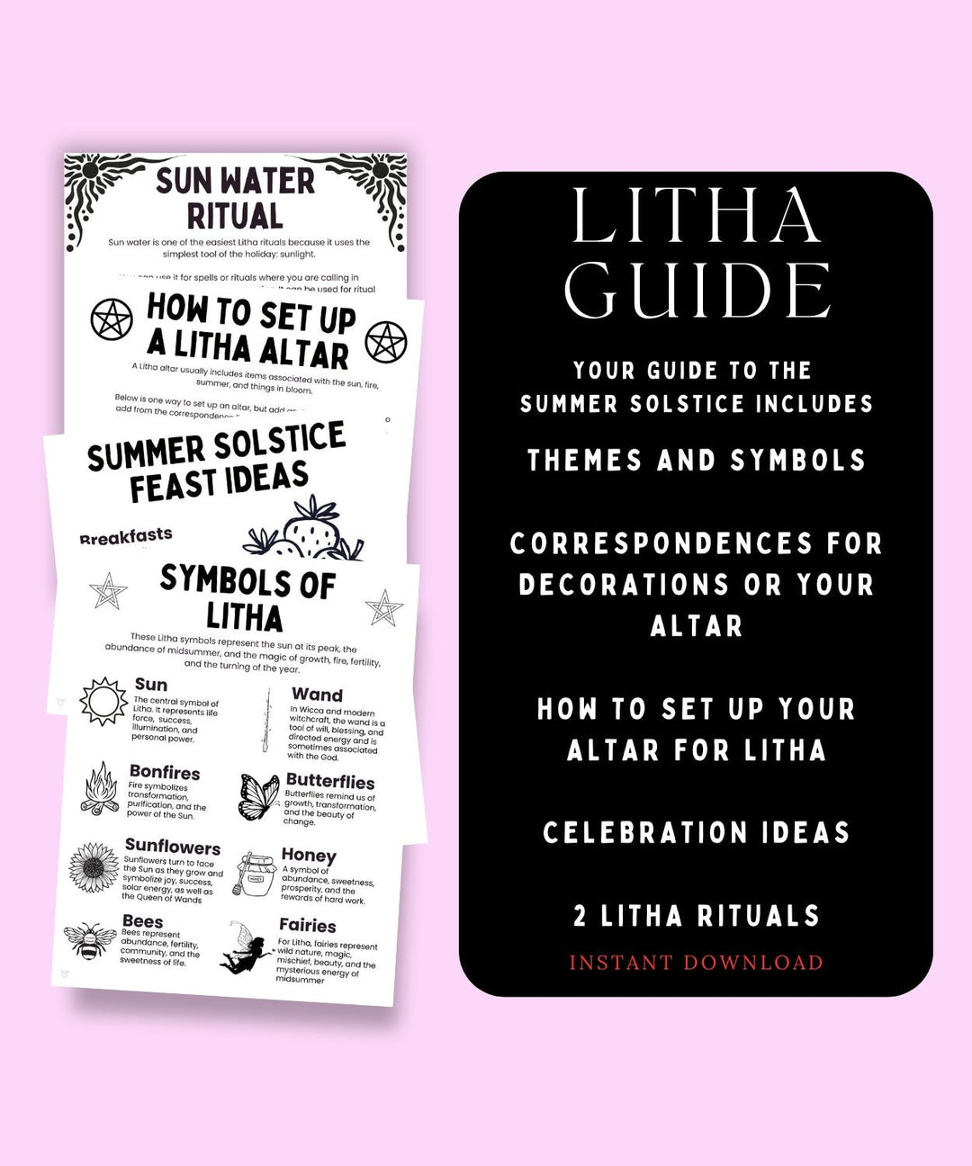 Two black and white Litha guides on a pink background