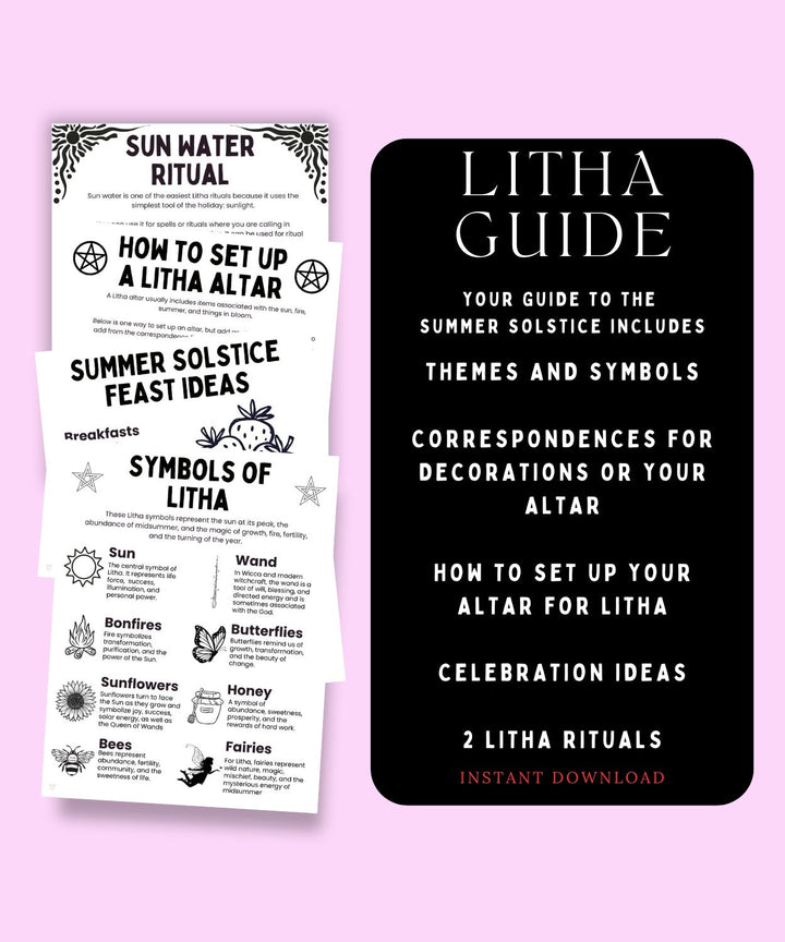 Two black and white Litha guides on a pink background