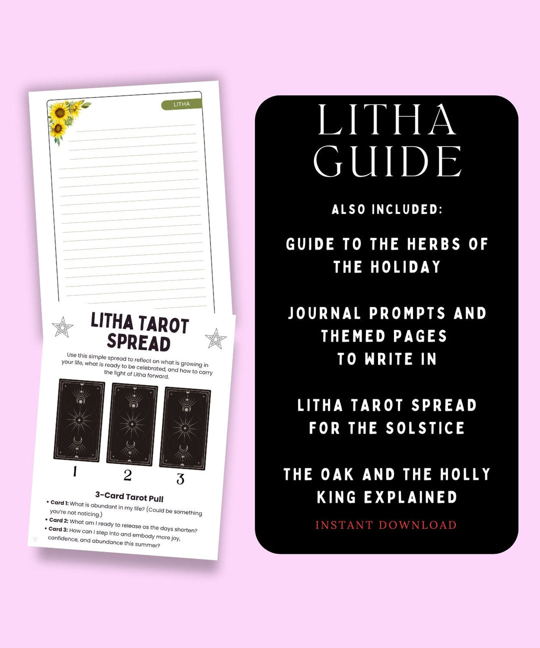 Litha Guide and Tarot Spread cards on a pink background