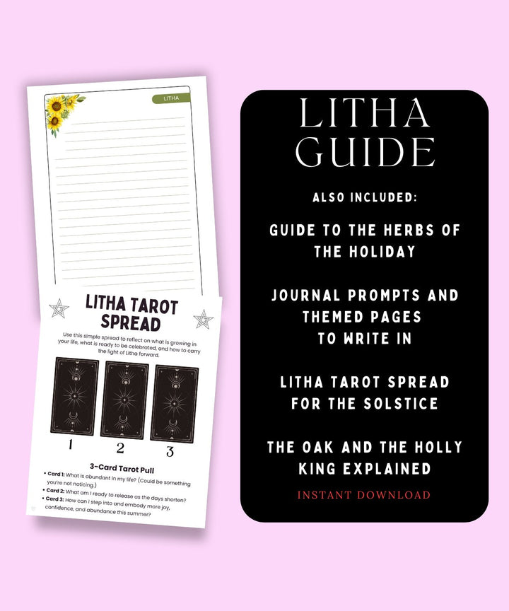 Litha Guide and Tarot Spread cards on a pink background