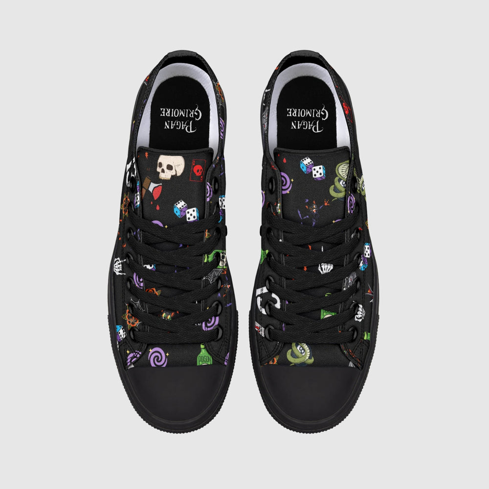 Friday the 13th Low Tops show black canvas with colorful dice and skulls.