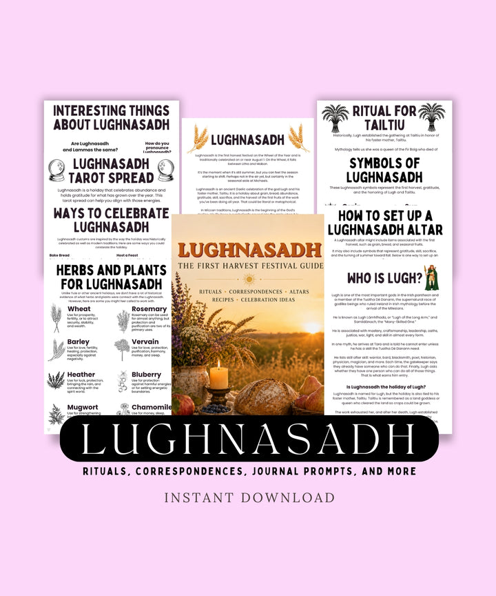 A digital cover preview for a Lughnasadh-themed printable download, showing several overlapping informational pages with headings like 'Lughnasadh,' 'Ritual for Taittu,' 'Symbols of Lughnasadh,' and 'Herbs and Plants for Lughnasadh' on a light pink background.