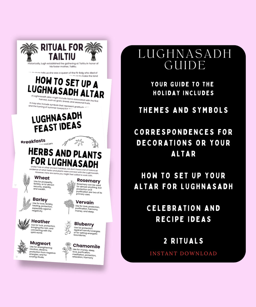 Digital product preview for a 'Lughnasadh Guide' instant download, showing two white printable pages on the left and a black cover page on the right, set against a solid light pink background.