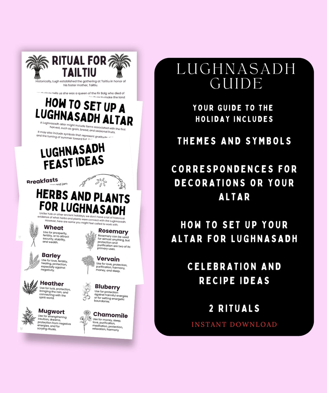 Digital product preview for a 'Lughnasadh Guide' instant download, showing two white printable pages on the left and a black cover page on the right, set against a solid light pink background.