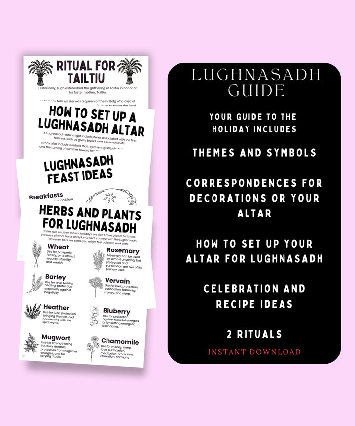 Digital product preview for a 'Lughnasadh Guide' instant download, showing two white printable pages on the left and a black cover page on the right, set against a solid light pink background.