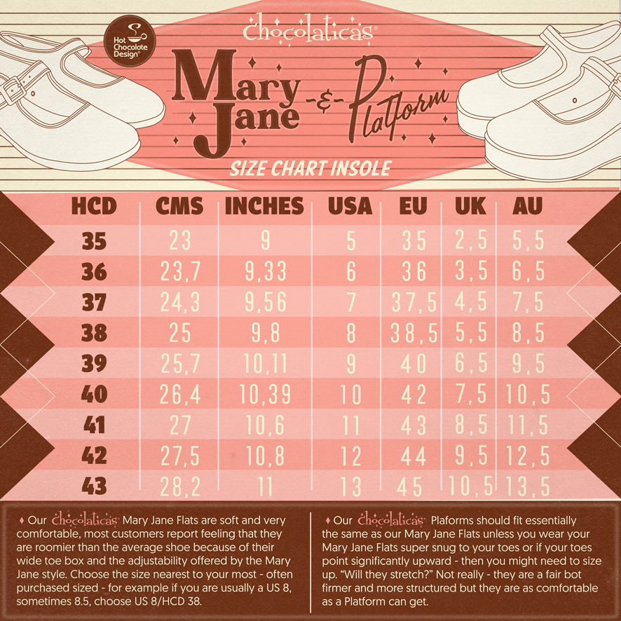 Size chart inset showing Mary Jane Platform insole measurements by EU, UK, and inches