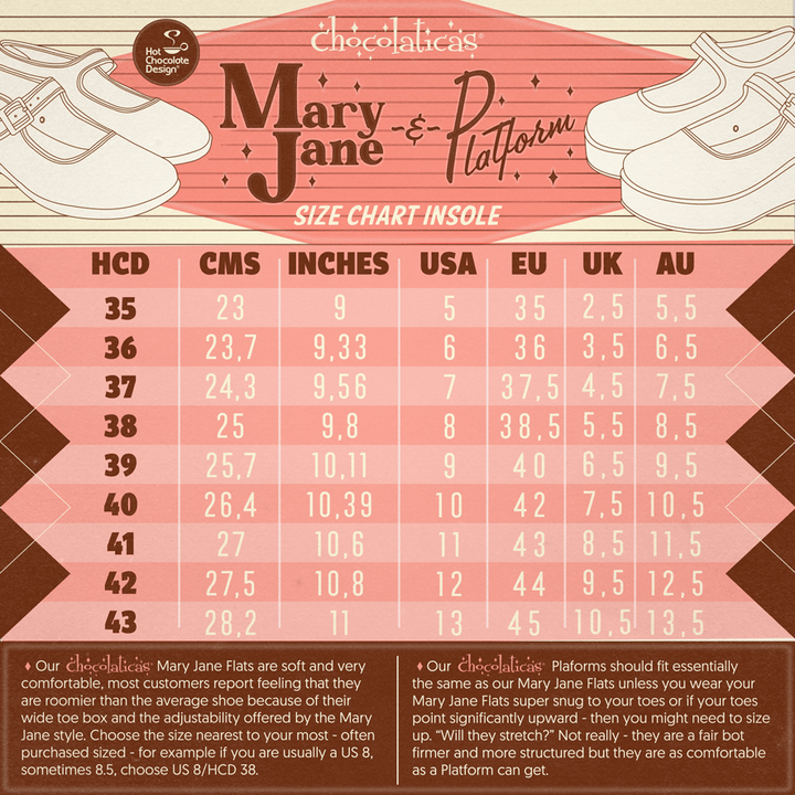 Size chart inset showing Mary Jane Platform insole measurements by EU, UK, and inches