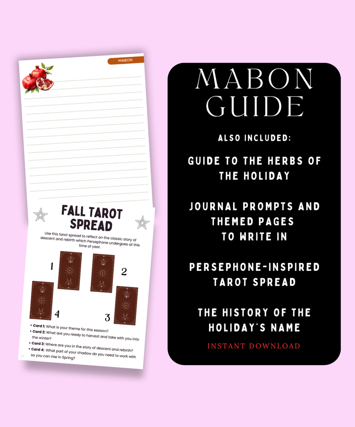 A digital product mockup for a 'Mabon Guide' tarot deck on a light pink background. The left side shows a sample page of the lined notebook-style spread sheet with a pomegranate illustration and 'Fall Tarot Spread' instructions.