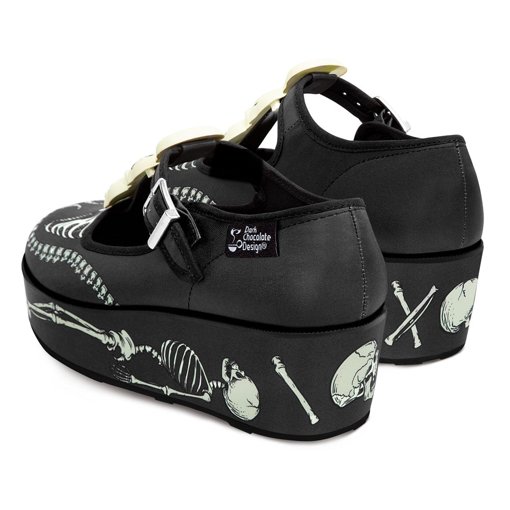 Chocolaticas Skeletons Under Your Bed Mary Jane platform shoes, black, skeleton print heel.