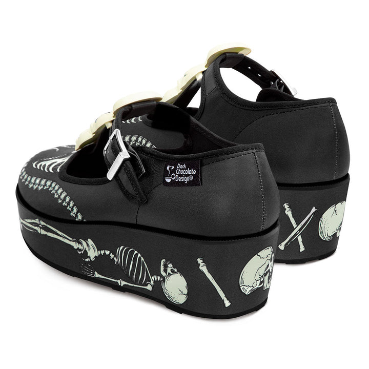 Chocolaticas Skeletons Under Your Bed Mary Jane platform shoes, black, skeleton print heel.