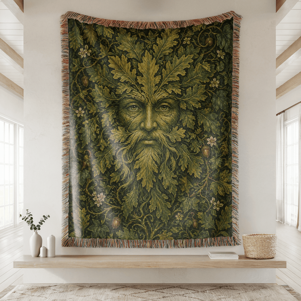 Woven tapestry with a leafy green man design hanging on a wall.