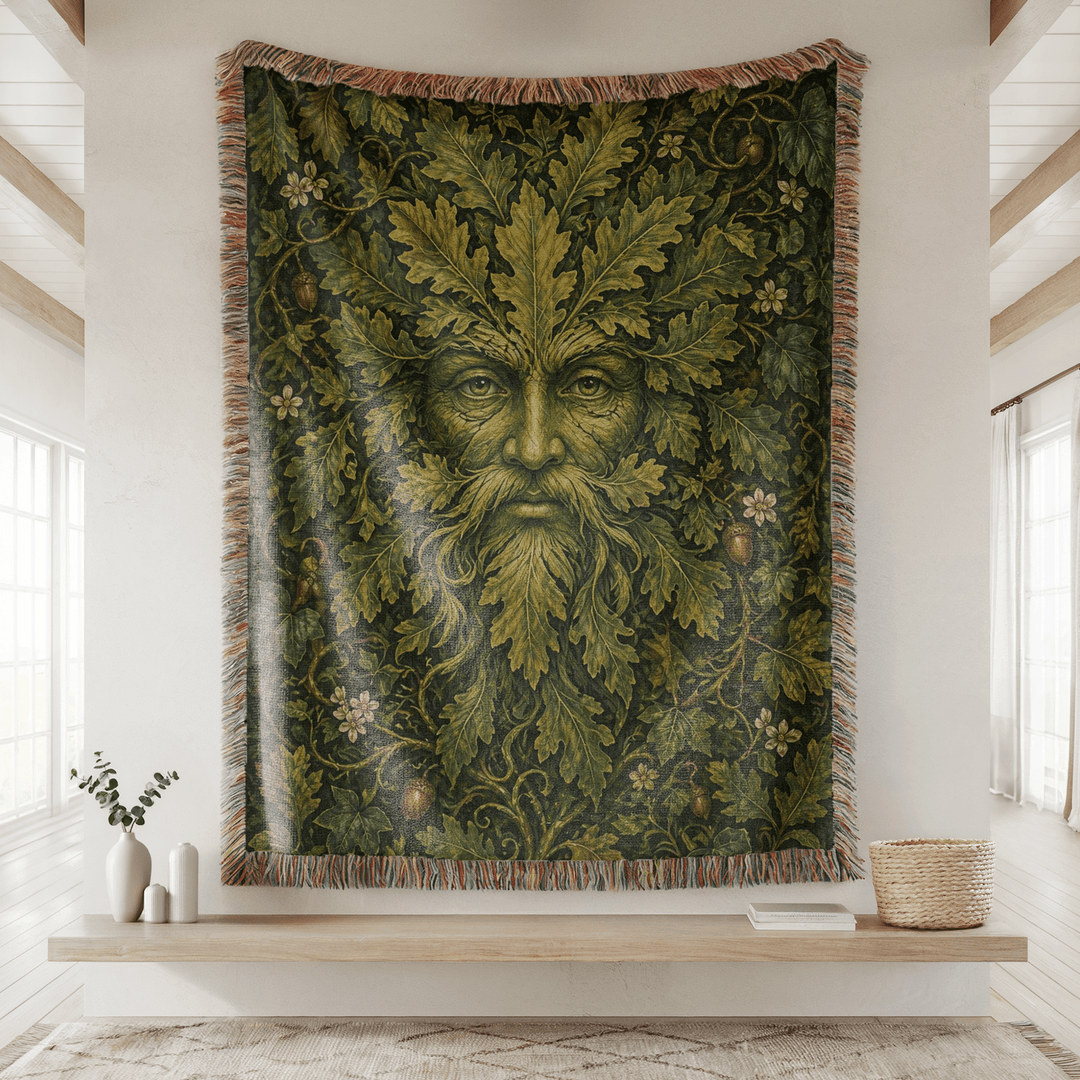 Woven tapestry with a leafy green man design hanging on a wall.