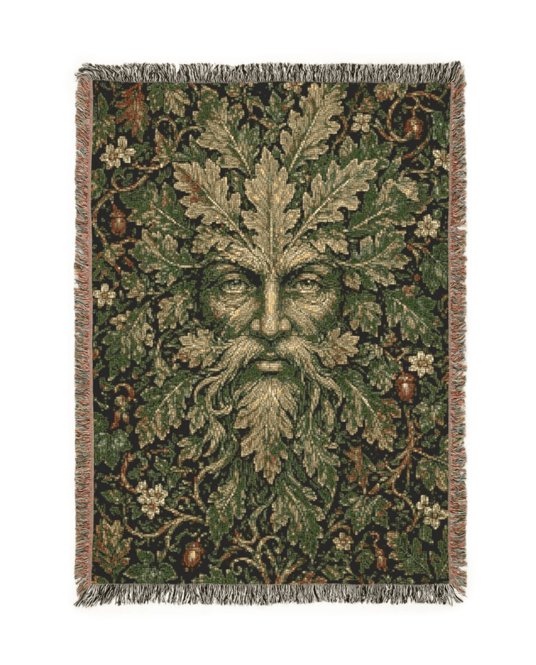 Woven tapestry with a green leafy face design on a white background