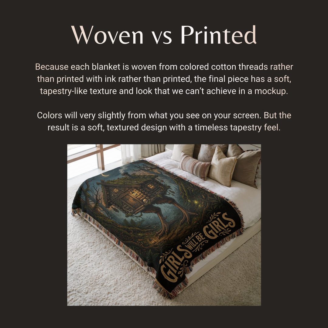 Text explaining woven vs printed blankets with a woven blanket on a bed.