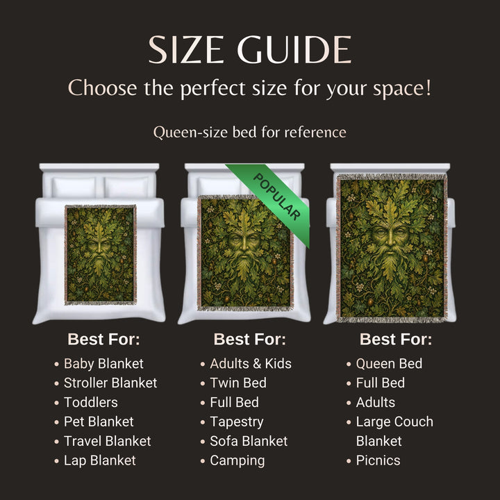 Size guide for decorative panels with green leaf design, featuring a queen-size bed for reference.