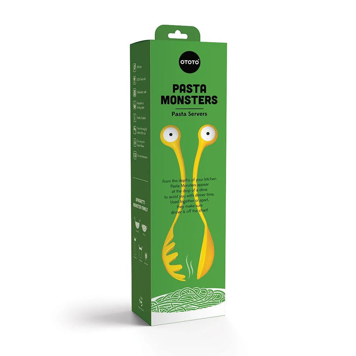 Green packaging of Pasta Monsters Pasta Servers with yellow monster design on a white background