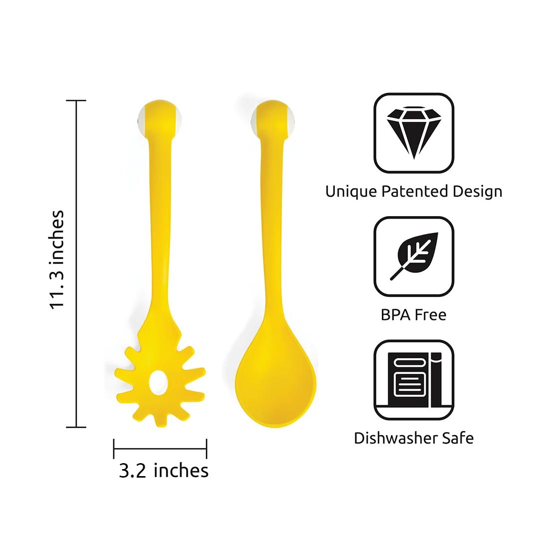 Yellow spoon with unique patented design, BPA-free, and dishwasher safe indicators on a white background.