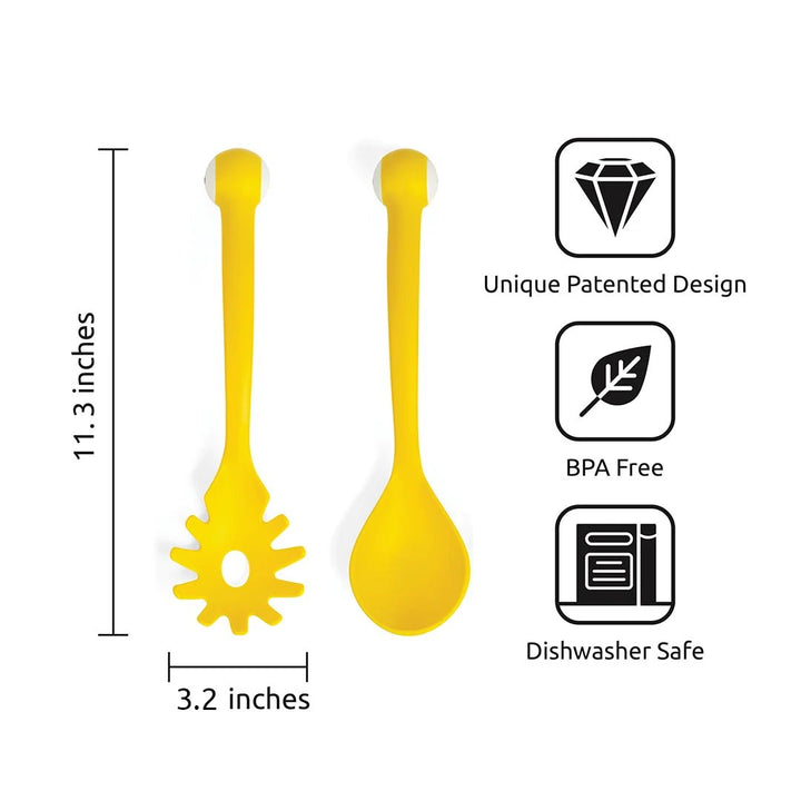 Yellow spoon with unique patented design, BPA-free, and dishwasher safe indicators on a white background.