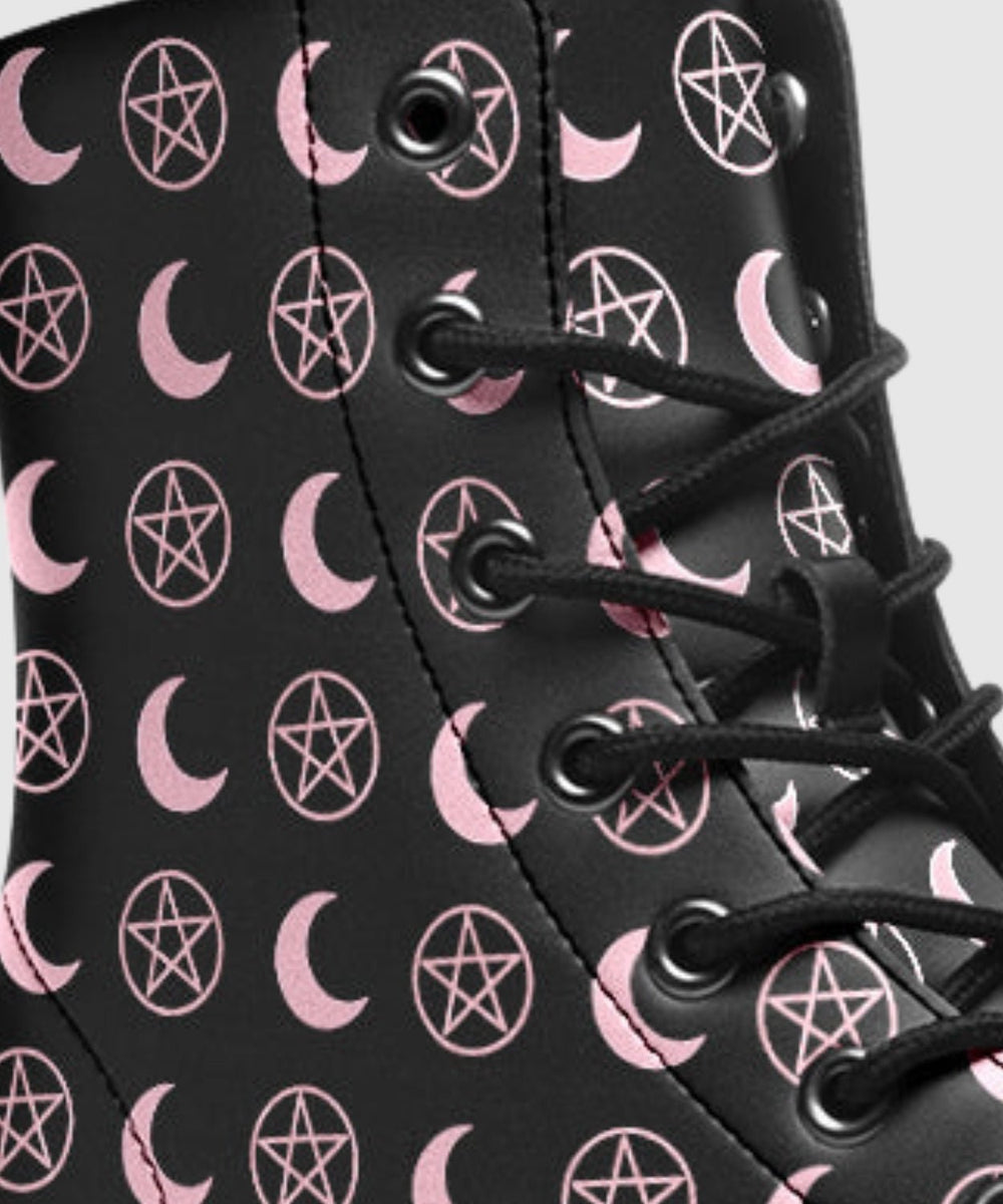 Pink Moons and Pentagrams Boots - The Pagan Grimoire