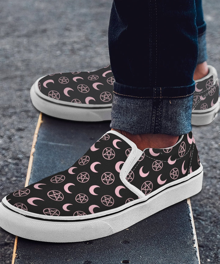 Pink Moons and Pentagrams Slip On Shoes - The Pagan Grimoire