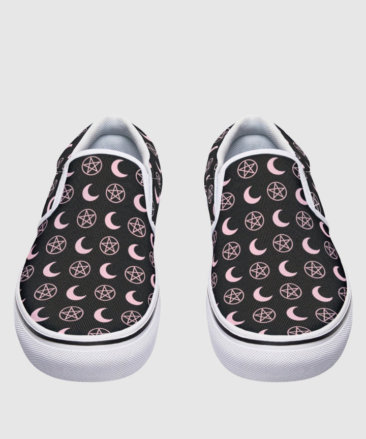 Pink Moons and Pentagrams Slip On Shoes - The Pagan Grimoire