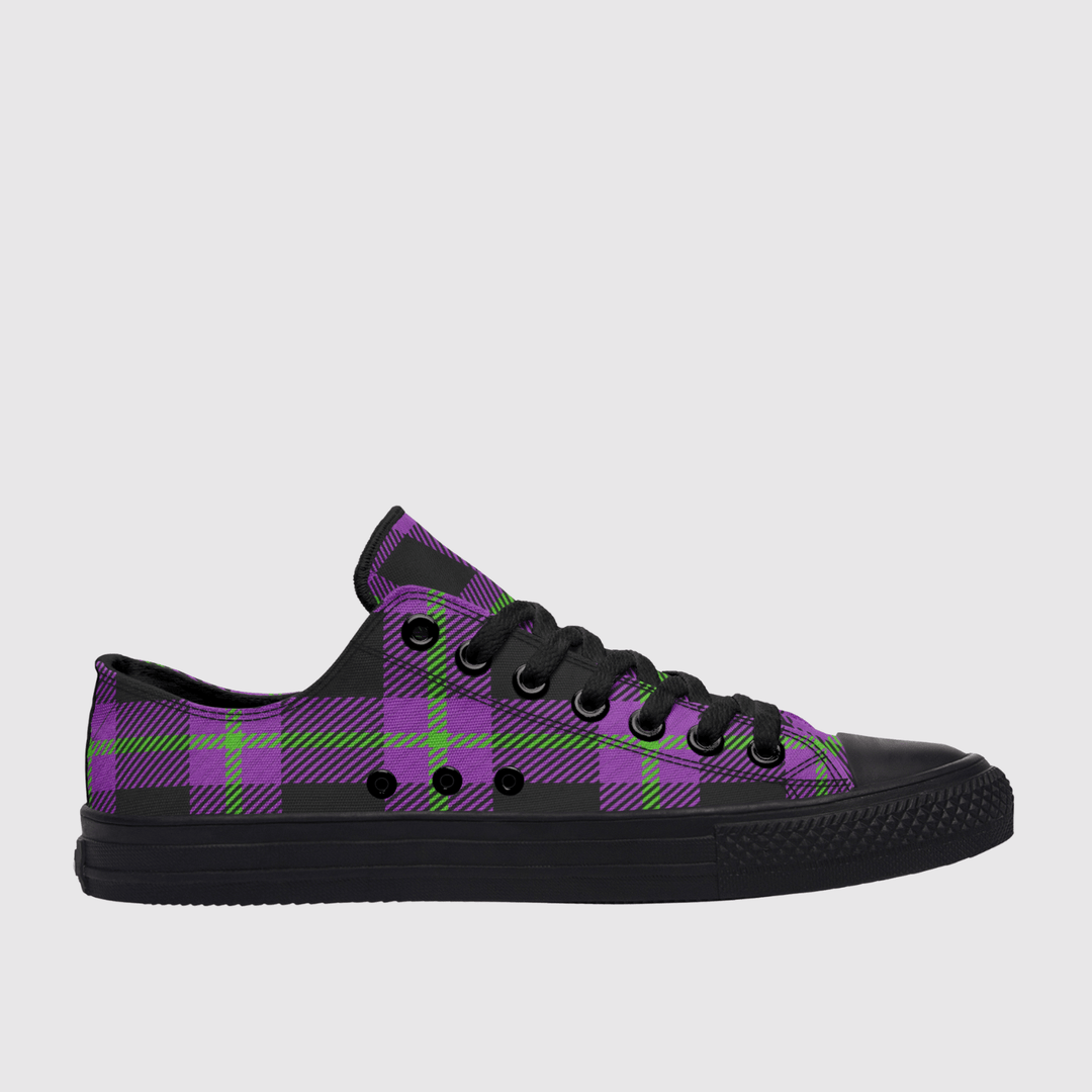 Purple and Green plaid sneaker on a white background
