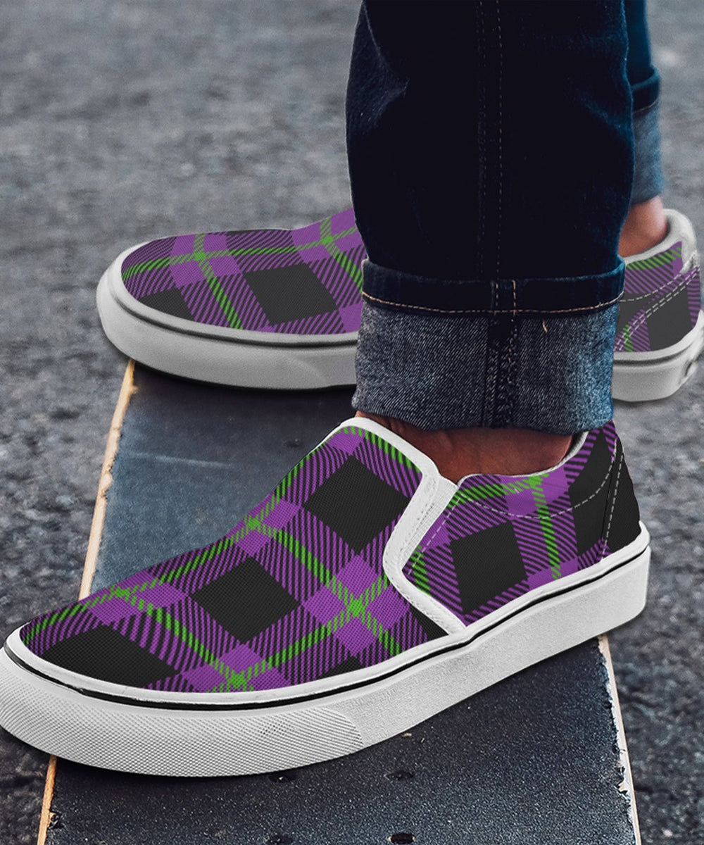 Purple and Green Plaid Slip Ons - The Pagan Grimoire