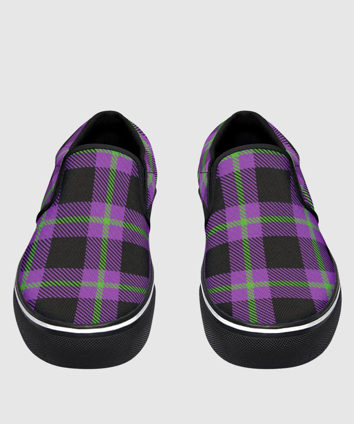 Purple and Green Plaid Slip Ons - The Pagan Grimoire