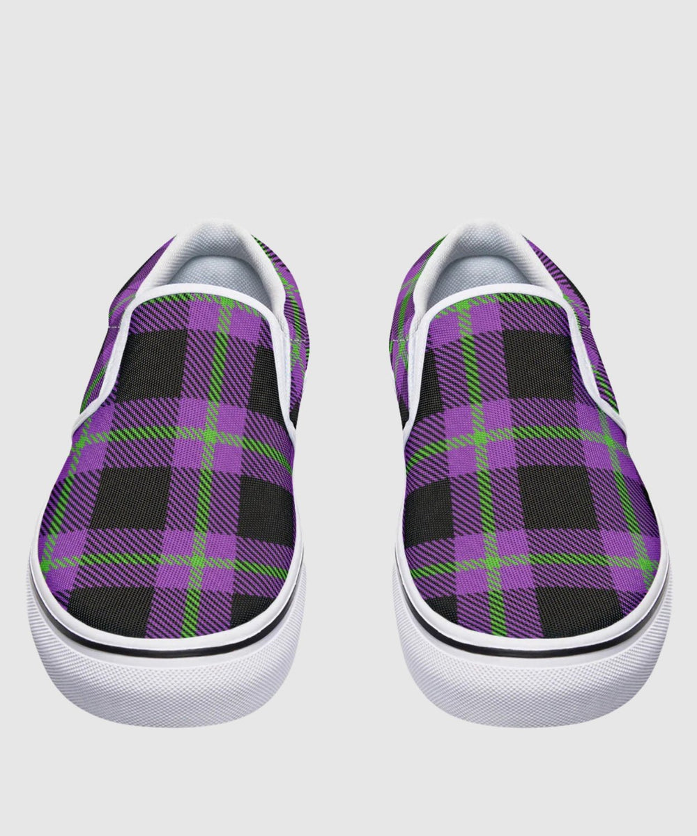 Purple and Green Plaid Slip Ons - The Pagan Grimoire