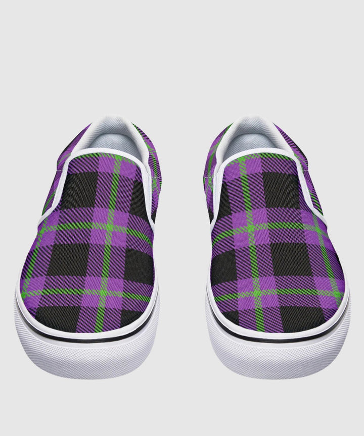 Purple and Green Plaid Slip Ons - The Pagan Grimoire
