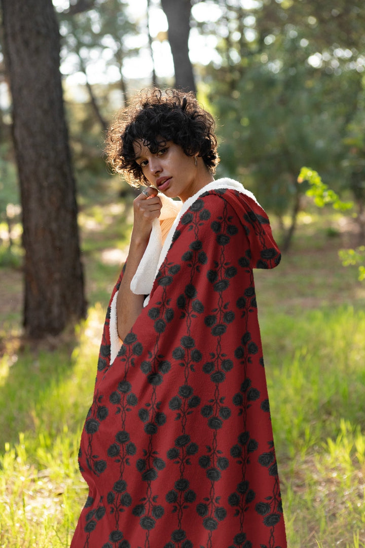 Red and Black Gothic Roses Hooded Blanket - The Pagan Grimoire