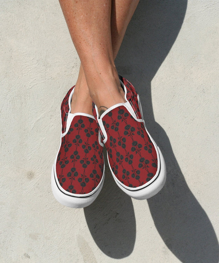 Red and Black Gothic Roses Slip On Sneakers - The Pagan Grimoire