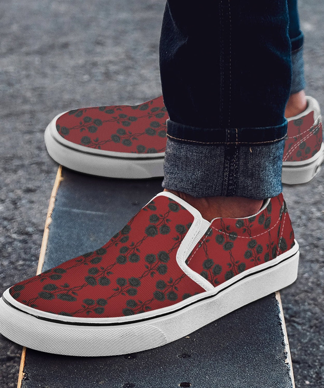 Red and Black Gothic Roses Slip On Sneakers - The Pagan Grimoire