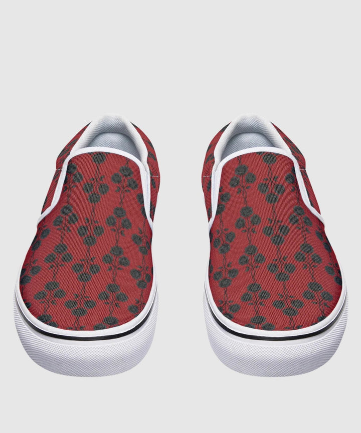 Red and Black Gothic Roses Slip On Sneakers - The Pagan Grimoire