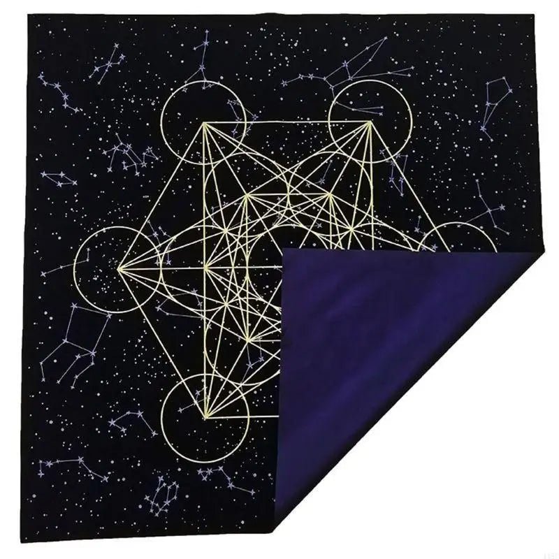 Sacred Geometry Tarot Cloth - Celestial Altar Cloth shows black starry fabric with gold geometric lines and