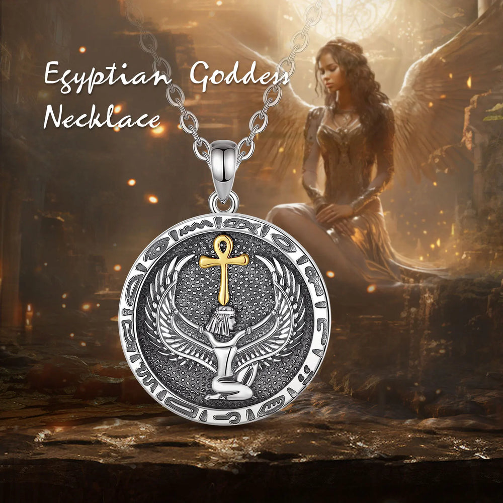 Silver and gold Egyptian Isis goddess necklace with a woman in an angelic pose in the background.