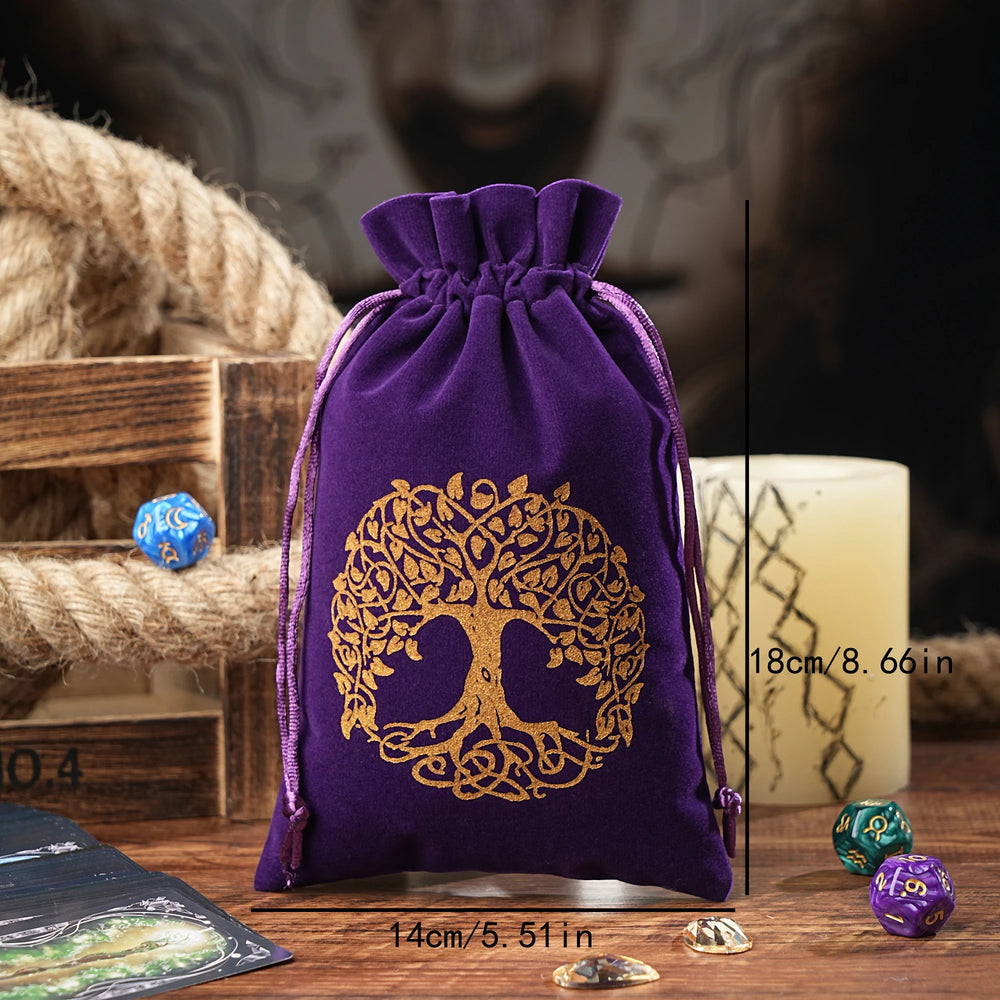 Velvet Tarot Pouch in deep purple with gold tree emblem, cinched top.