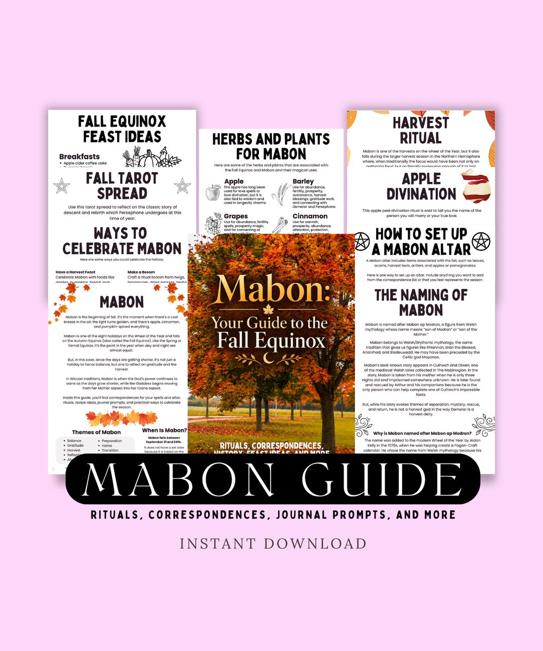 A digital preview of a 'Kabon Guide' (Fall Equinox) printable download, showing three coordinated white and orange autumn-themed poster designs with text sections like 'Fall Equinox Feast Ideas' and 'Herbs and Plants for Mabon', set against a solid light pink background.
