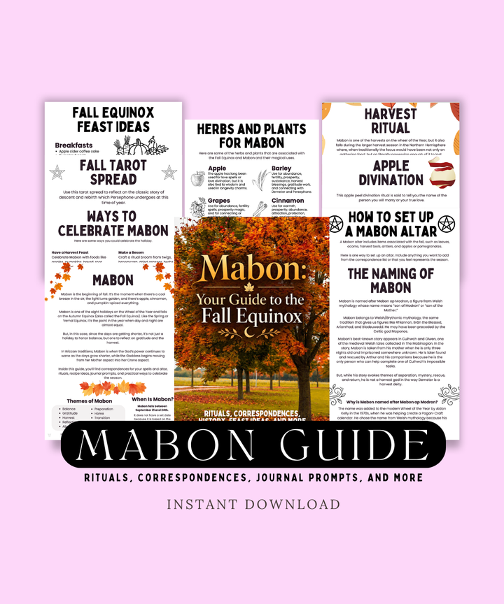 A digital preview of a 'Kabon Guide' (Fall Equinox) printable download, showing three coordinated white and orange autumn-themed poster designs with text sections like 'Fall Equinox Feast Ideas' and 'Herbs and Plants for Mabon', set against a solid light pink background.
