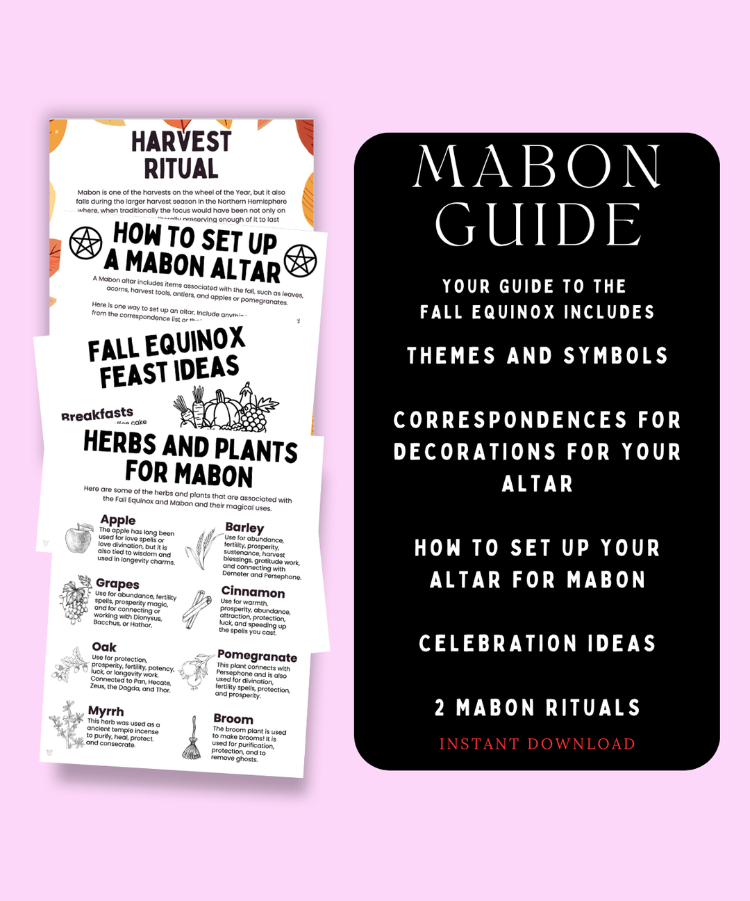 A digital product mockup for a 'Mabon Guide' instant download, featuring a black cover card with white text and two sample pages of printable ritual guides on a solid light pink background.