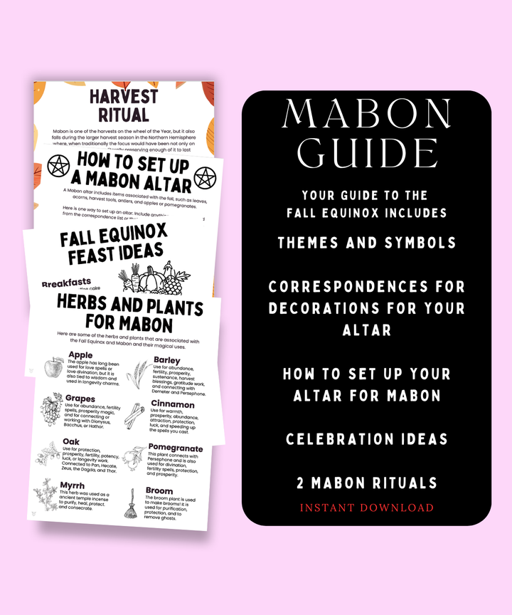 A digital product mockup for a 'Mabon Guide' instant download, featuring a black cover card with white text and two sample pages of printable ritual guides on a solid light pink background.